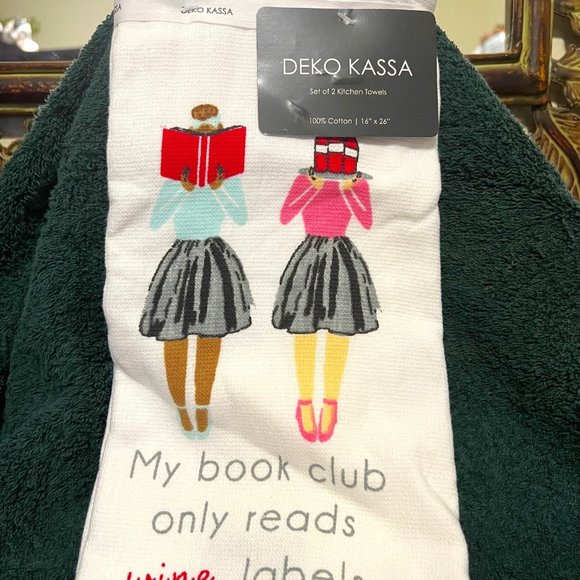 Kitchen towels, (2) book club only reads wine labels - Picture 1 of 5